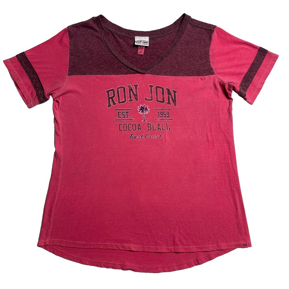 Ron Jon Surf Shop Cocoa Beach TShirt Womens Medium Pink Heather Graphic Tee Yoke